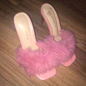 Shoe Republic LA pink furry mules square toe size 7
